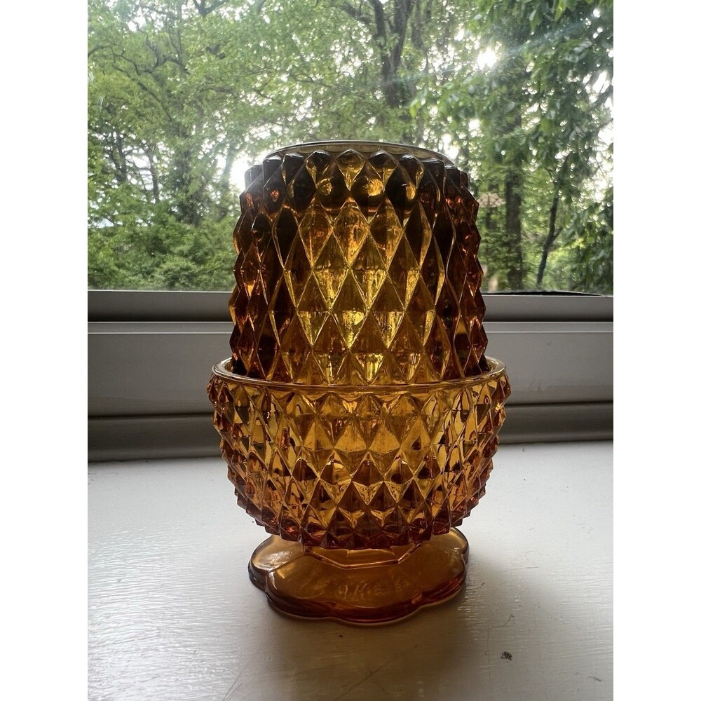 Amber Fairy Lamp Mini 5 inch VTG Indiana Glass Diamond Point MCM Light 70s